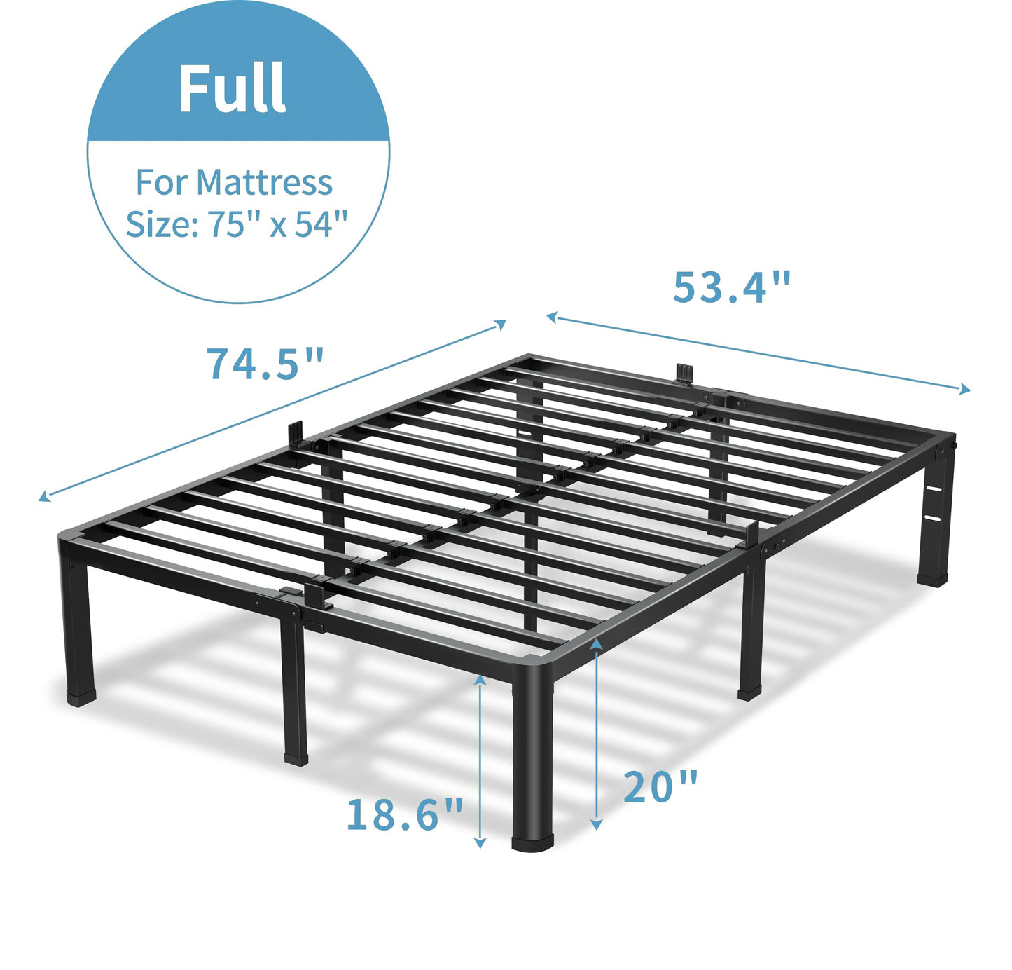 VIPSHOW 20 Inch Full Size Bed Frame, 3500Lbs Heavy Duty Metal Platform with Round Corner Legs Mattress Slide Stopper, Steel Slat Support No Box Spring Needed, Noise Free, Non-Slip, Easy Assembly