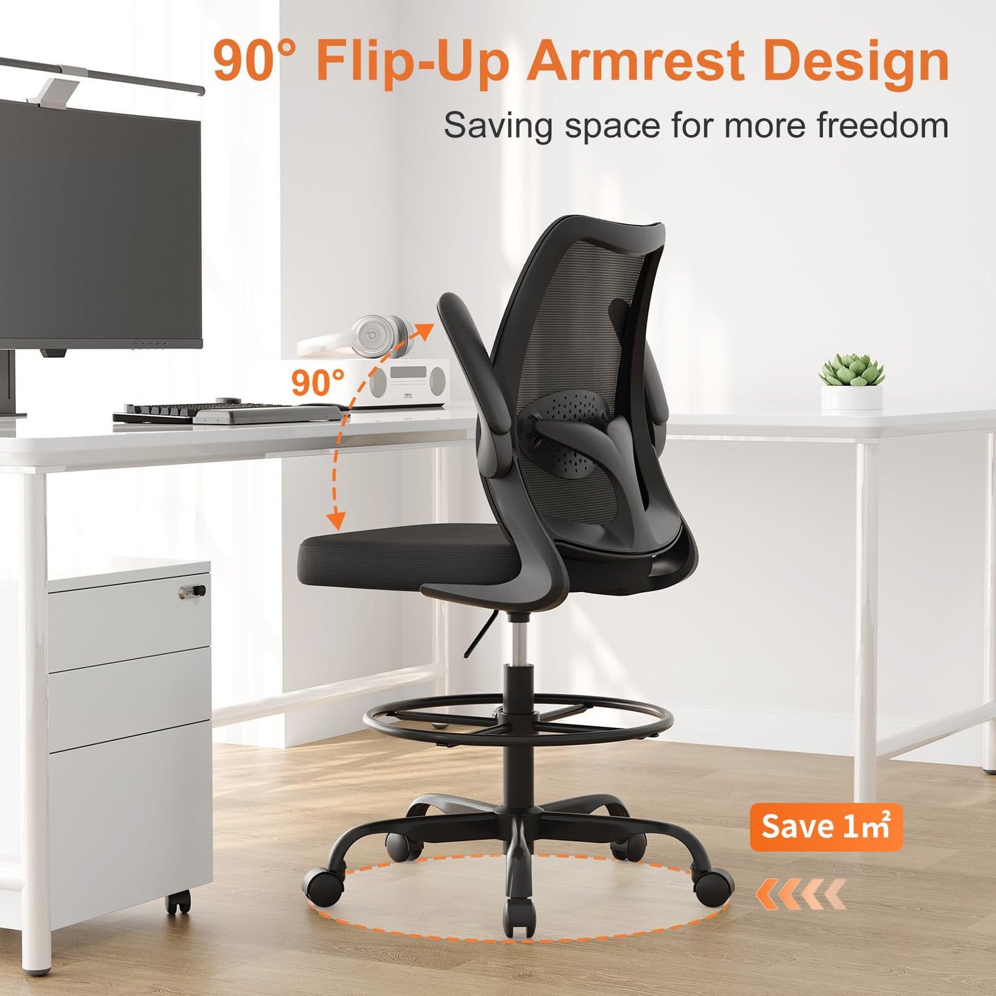BERYTH Tall Office Chair for Standing Desks,High Desk Drafting Chair with Adjustable Footrest Ring,Ergonomic Lumbar Support,Flip-Up Armrests for Home Office,Black