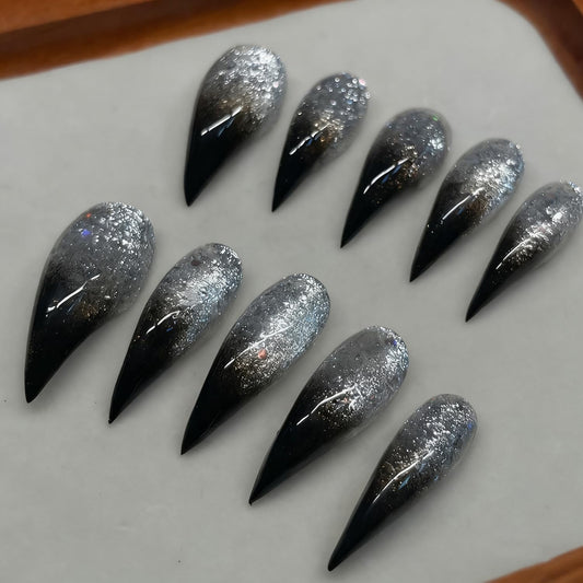 Handmade Press on Nails Silver Glitter Eagle Claw Fake Nails Designs Black French Tip False Nail Full Cover Long Curved Stiletto Stick on Nail Muti-Layer Gel Acrylic Nails for Women (Size M)