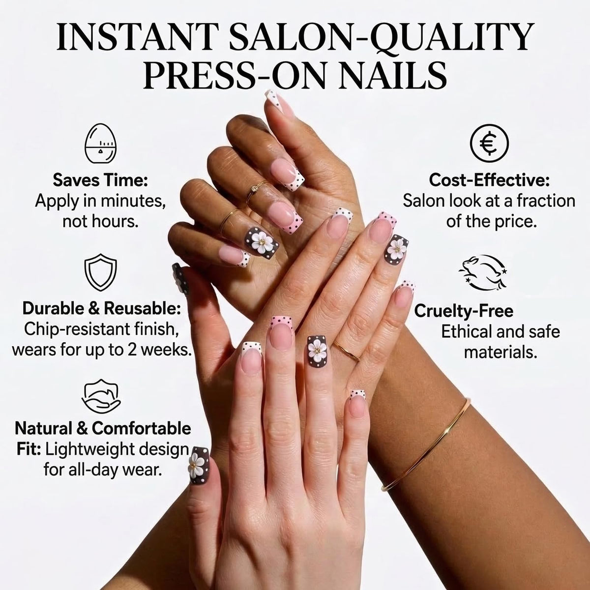 IMSOHOT 24Pcs Short Square Press on Nails - Glossy Pink and Black Polka Dot French Tip Fake Nails with 3D Flower Designs, Sweet Y2K Rhinestone Glue on Nails for Women