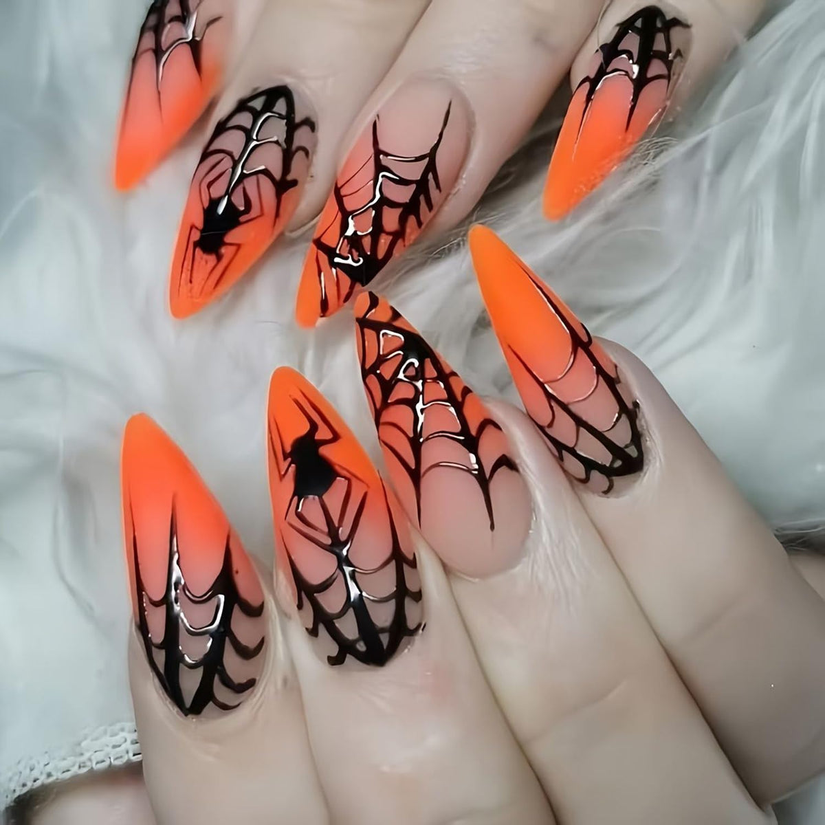 BMKKOT 24Pcs Halloween Spider Nails Set: Medium Almond ABS Press On Nails with Spider Design, Orange Glossy Full Cover False Nails for Women Manicure Decoration