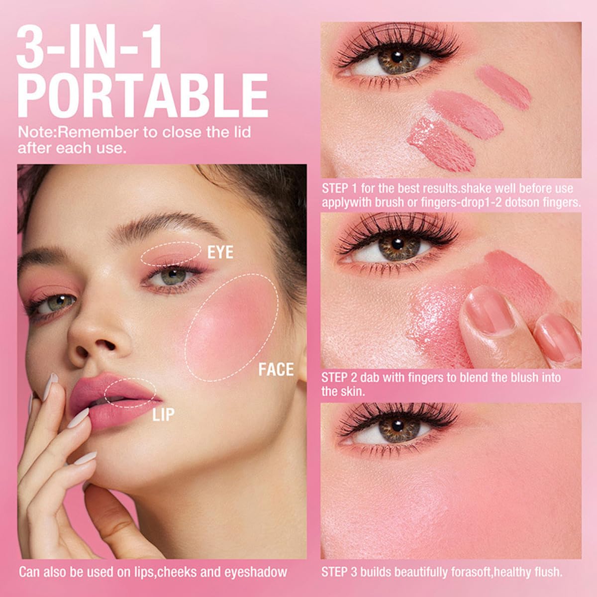 Cooling Water Jelly Tint Blush,4 Colors Multi-Use Tint Blush Makeup Stick Watercolor Finish for Lips and Cheek Stain, Moisturising Waterproof Non-Stick