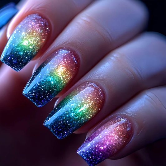 Medium Square Press on Nails Aurora Starry Sky Fake Nails Multicolor Gradient False Nail Glossy Full Cover Stick on Nail Reusable Artificial Glue on Nails for Women Manicure 24Pcs