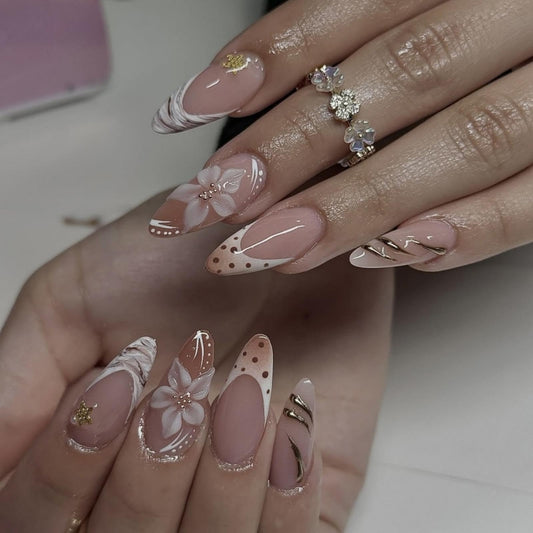 Polka Dots French Tips Press on Nails Medium Almond Nails Press on with 5D Flower Charm Design Glossy Marble Glue on Nails Gold Gilding Fake Nail Fall Winter Brown Nail for Women Manicure 24Pcs