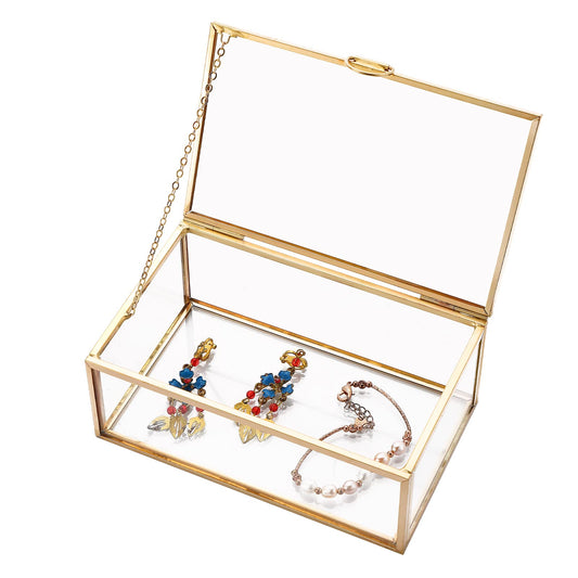 AMGSH Small 5.7" Golden Vintage Glass Keepsake Box | Jwelry Lidded Box Decorative Glass Boxes for Display,Clear Rectangle Box Rings Bracelet Earring Organizer (5.7 x 3.5 x 2.1inch)
