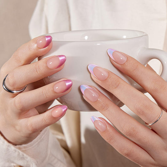 VSALON Almond Short Press on Nails, Hot Pink & White Chrome Finish Glossy French Tip Reusable Light Curable False Nails, 42 pcs Opaque Fake Nails Kit in 16 Sizes with Glue & Cuticle Oil