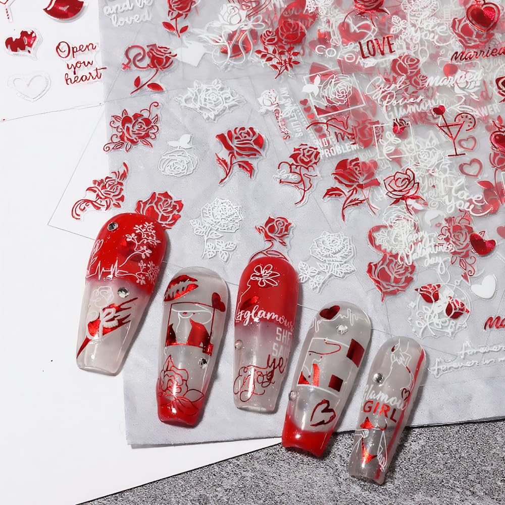 12 Sheets Valentine’s Nail Art Stickers - 3D Self-Adhesive Red Diamond Lip Print Flowers Designs for Women, Easy DIY Acrylic Nails Decoration, Party & Daily Fashion Accessories