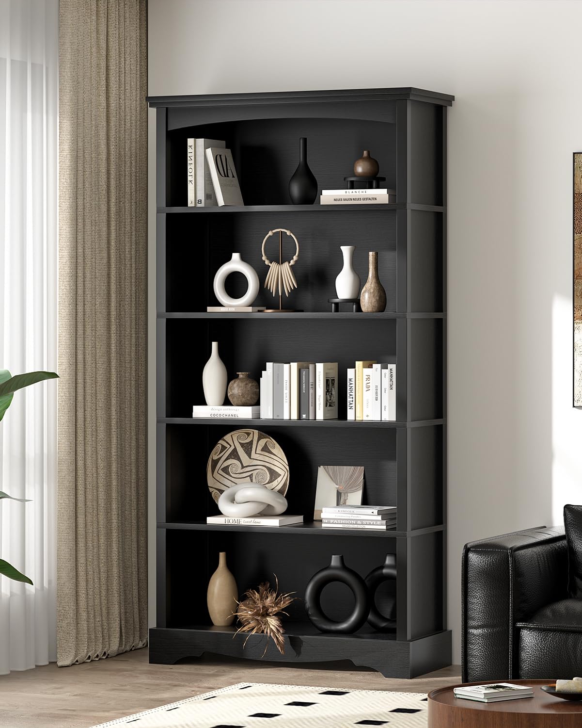 TVU 5-Tier Wooden Bookshelf, 65 Inch Tall Bookshelf with Storage, Floor Standing Modern Style Display Bookcase for Living Room, Office, Study Room, Entryway, Black