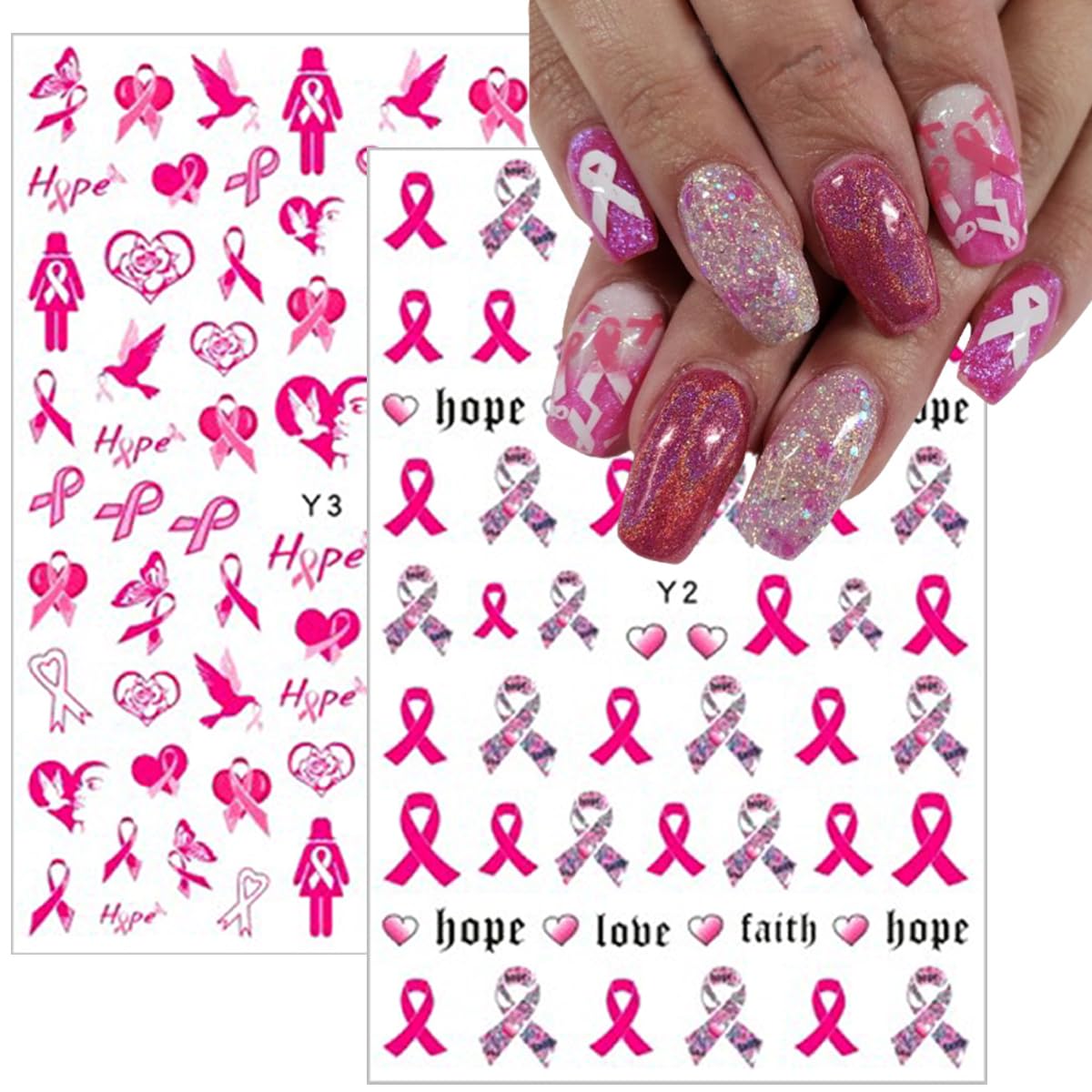 6Sheets Breast Cancer Awareness Nail Stickers - Self-Adhesive Pink Ribbon Decals for Women - DIY Nail Art Design Supplies with 'Love Heart' & 'Letter' Themes