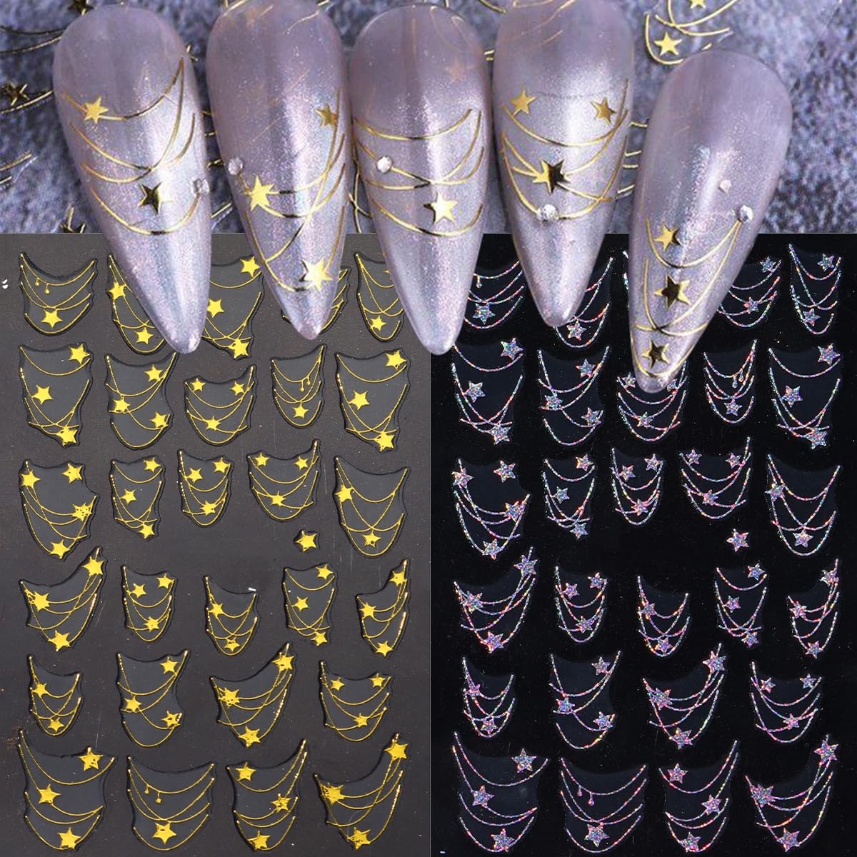 6 Sheets French Tip Line Nail Art Stickers 3D Self-Adhesive Gold Laser Silver Star French Stripe Nail Stickers Necklace Star Nail Decals French Curve Line Nail Supplies for Women DIY Nails Decoration