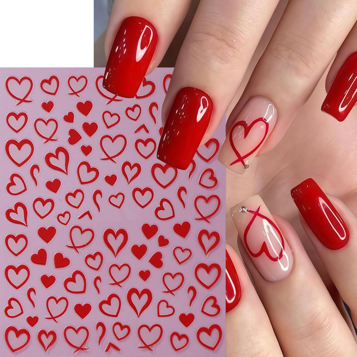 6 Sheets Heart Nail Stickers 3D Self-Adhesive Hearts Nail Decals Love Hollow Peach Heart Shaped French Nail Design Valentine French Sticker Nail Supplies for Women Valentine Holiday Nail Decoration