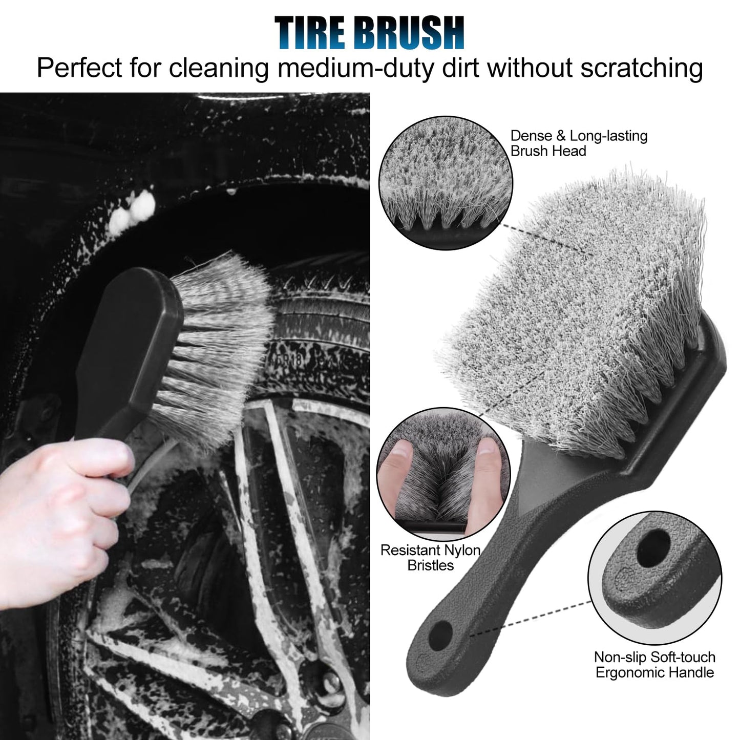 8Pcs Wheel Brush, Tire Brush, Wheel Cleaner Brush Set - 2 Soft Wheel Cleaning Brushes, Detailing Brush & Hard Tire Scrubber, Flexible and Durable Rim Cleaning Brush Kit for Wheels and Tires