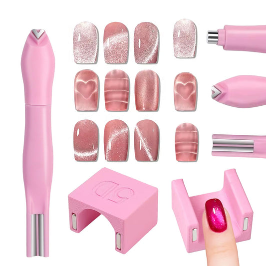 YECIRALA 2 Pcs Nail Art Cat Eye Magnets For Nails, 3 In 1 Pink Nail Magnet Pen And 5D Automatic Strong Magnet Tool For Cat Eye Designs Magnets, Heart, Lines & Wide Light Gel Nail Polish Magnet