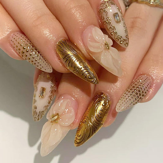 30Pc White Flower Press on Nails Medium Almond Fake Nails with 3D Gems Designs Chrome Gold False Nails Irregular Gilded Lines Full Cover Gold Polka Dots Glossy Gel Artificial Stick on Nails for Women