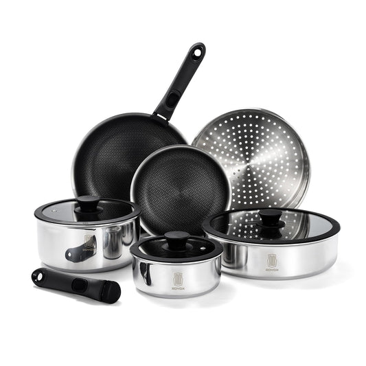 ROYDX New Model Hybrid Nonstick Cookware Set 19-Piece Stainless Steel Pots and Pans Set with Removable Handles, Save Space,Dishwasher and Oven Safe, Induction Ready, Compatible with All Cooktops