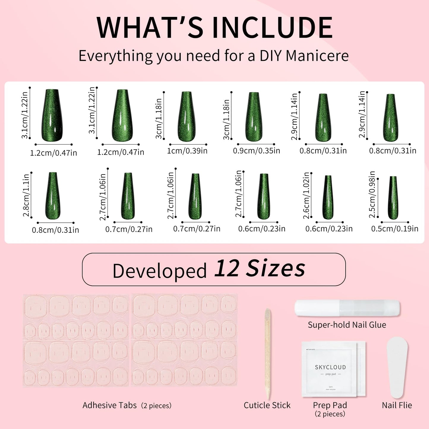 Green Cat Eyes Press On Nails,12 Sizes - 24 Pcs Soft Gel Green Long Coffin Fake Nails Kit with Nail Glue, Natural Reusable Stick On False Nails for Women and Girls SK1043