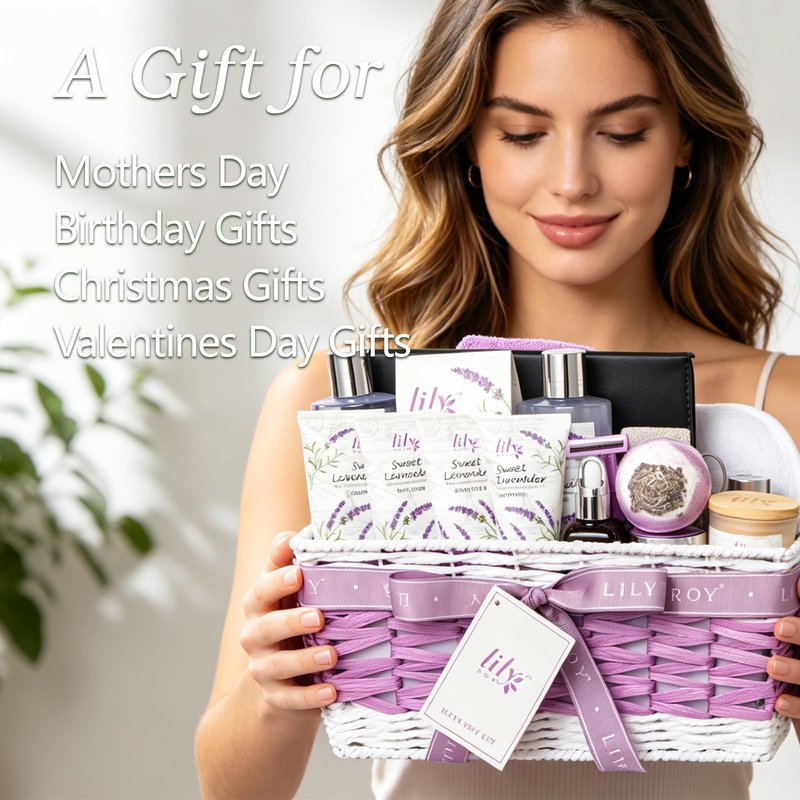 Gifts for Women, Birthday Gifts, 22 Piece Lavender Spa Gift Basket for Women, Mother's Day Gift Basket for Mom - Bath and Body Skin Care Set for Women, Spa Kit | Valentines Day Gift, Christmas Gift