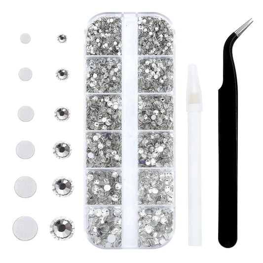 Meibite White Glass Flatback Rhinestones for Nails, Crafts & Clothes – 4240PCS 6 Sizes (SS6–SS20) Crystal Gems Kit with Tweezers & Picker, Non Hotfix DIY Rhinestones for Tumblers, Shoes, Nail Art