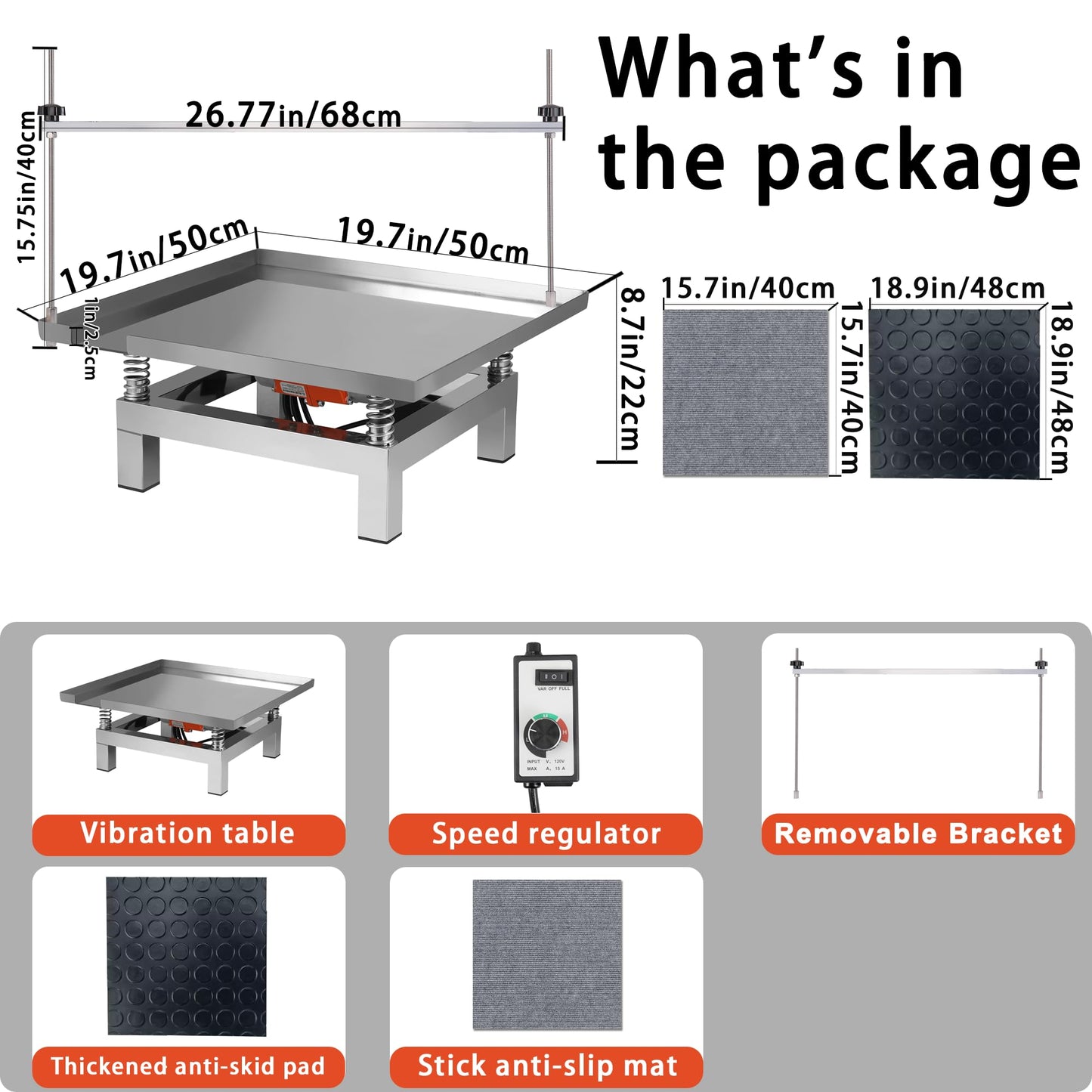 BIZOEPRO Concrete Vibration Table, 110V 120W, 19.7x19.7in 50x50cm Stainless Steel 77 lbs, with Detachable and Adjustable Bracket, Speed Controller, Vibrating Test Bench, Remove Air Bubbles Level Tool