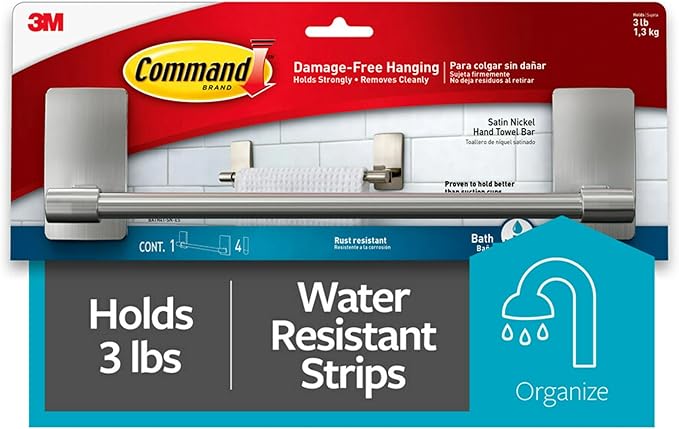 Command Hand Towel Bar Satin Nickel with 4 Water Resistant Command Strips,9" Hand Towel Holder,Holds up to 3 lb,Great for Bathroom DÃ©cor on The Wall,Inside The Cabinet,or in-The Shower,(Pack of 8)