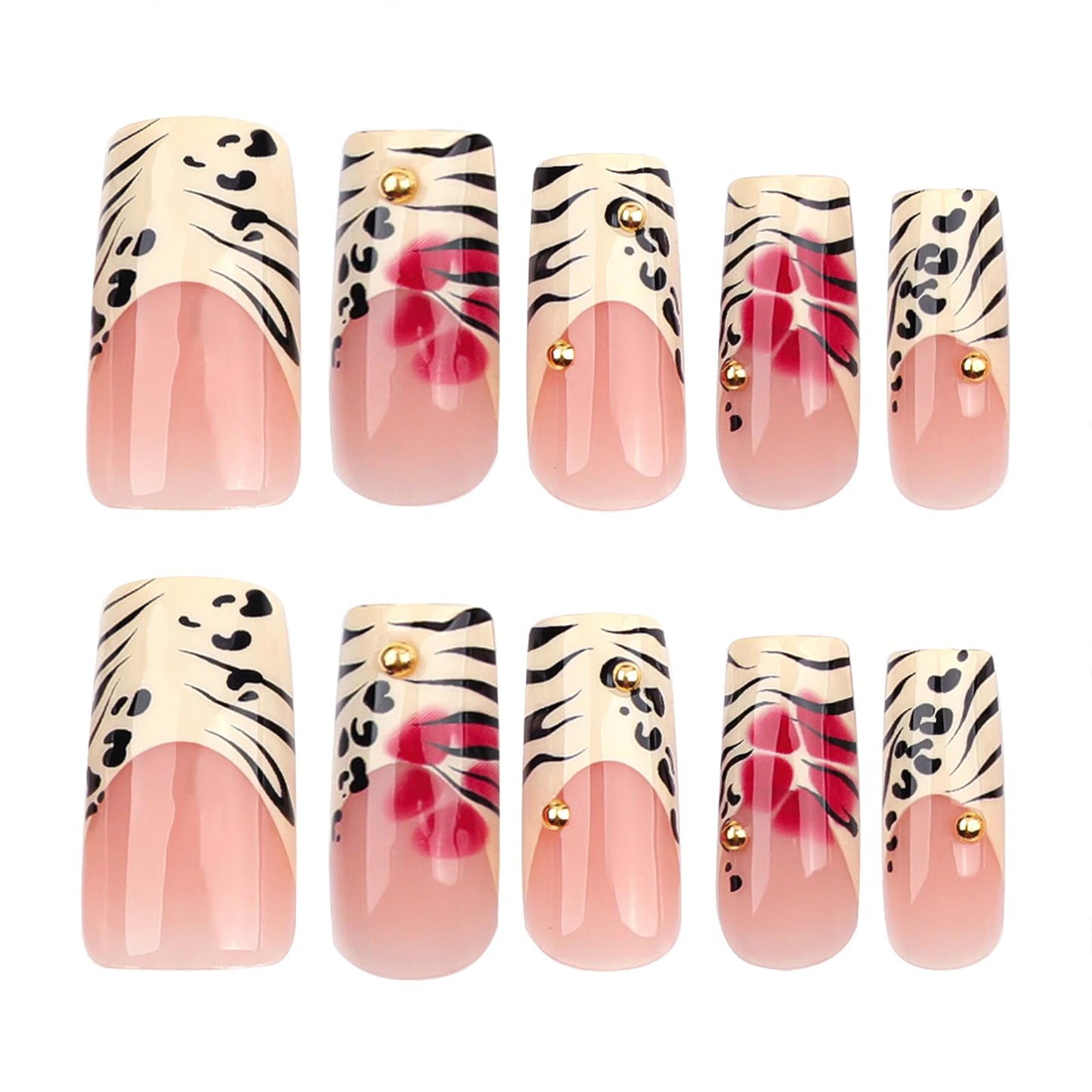 Jremg Leopard Print French Tip Press on Nails Long Square Fake Nails with 3D Gold Pearl Designs Glossy Red Flower Full Cover Glue On Nails Reusable Coffin Autumn Winter False Nails for Women 24Pcs