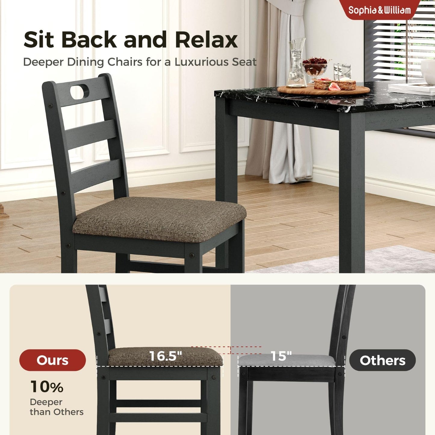 Sophia & William 5 Piece Dining Table Set for 4, Faux Marble Kitchen Table and Chairs Set, Solid Wood Farmhouse Dinner Table Set,Veined Black Marble & Gray