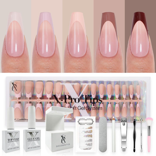 SXC Cosmetics French Tip Press On Nails - Skin Tone Nude and Color Series, Medium Coffin X-Pro Tips Starter Kit ST120KIT