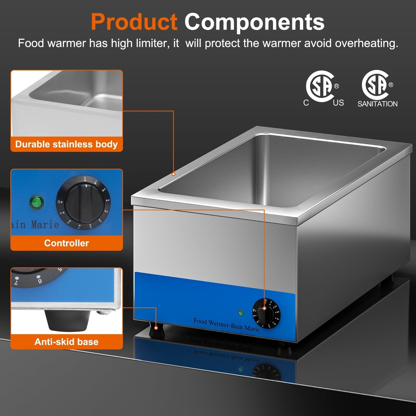 Culistra Commercial Food Warmer, 1200W Electric Stainless Steel Steam Table Soup Warmer, Bain Marie, 12" x 20" x 6 1/4", for Catering, Canteens, Cafeterias, Restaurants, Hotel, CSA Certification