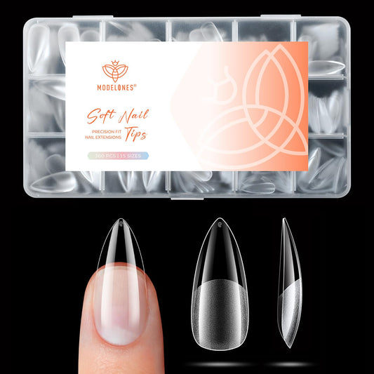 modelones Medium Stiletto Nail Tips, 360pcs Pre-etched Clear Fake Nails Stiletto Press On Full Cover Half Matte 15 Sizes Acrylic Gel Tips for Extension Salon