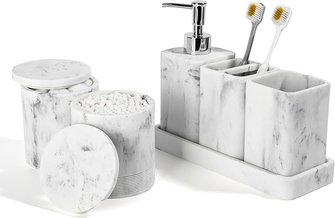 YMXYJM Bathroom Accessories Set, 6 Piece Bathroom Set with Toothbrush Holders, Soap Dispenser, Vanity Tray, Tumbler, Cotton Swab Jars, Bathroom Organizerï¼Bathroom Sink Sets, Artificial Marble White