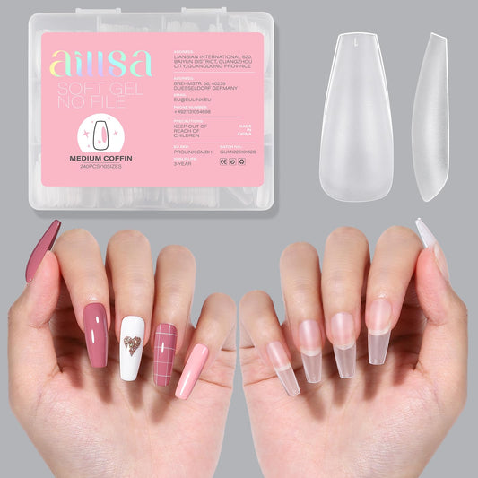 AILLSA Medium Coffin Nails Tips - Upgraded Matte Soft Full Cover Gel Nail Tips No Filed, 240Pcs Pre-shaped Gelly Tips Acrylic Clear Fake Press On Nail Tips for Soak Off Nail Extension 10 Sizes