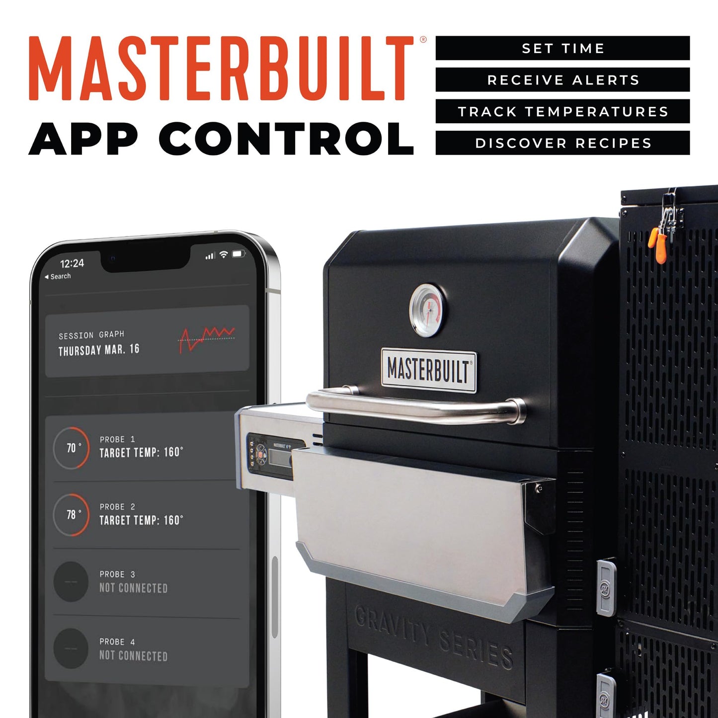 Masterbuilt® Gravity Series® 800 Digital Charcoal Grill, Griddle and Smoker with Digital Control, App Connectivity and 800 Cooking Square Inches in Black, Model MB20040221