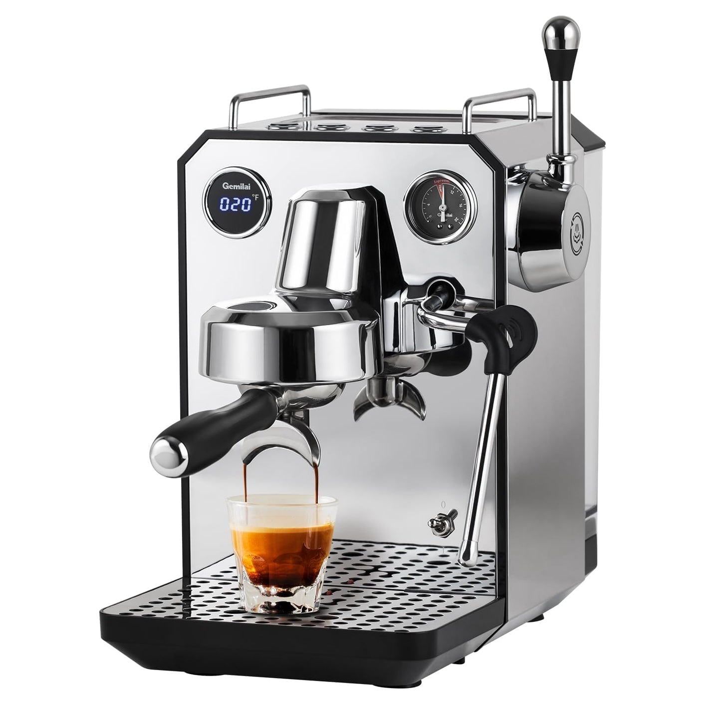 Gemilai Owl Espresso Machine, 15 Bar Professional Semi-Automatic Espresso Maker with Milk Frother Steam Wand & 57oz Removable Water Tank, Dual Display, for Cappuccino, Latte, G3006, Stainless Steel