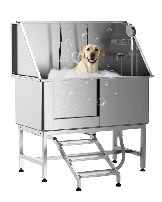 DEXSO 50" Stainless Steel Dog Grooming Bathtub, Professional Bathing Station for Large Pets, Dog Bathtub with Faucet, Sprayer, Drain, Left Sliding Door & Retractable Stairs for Home