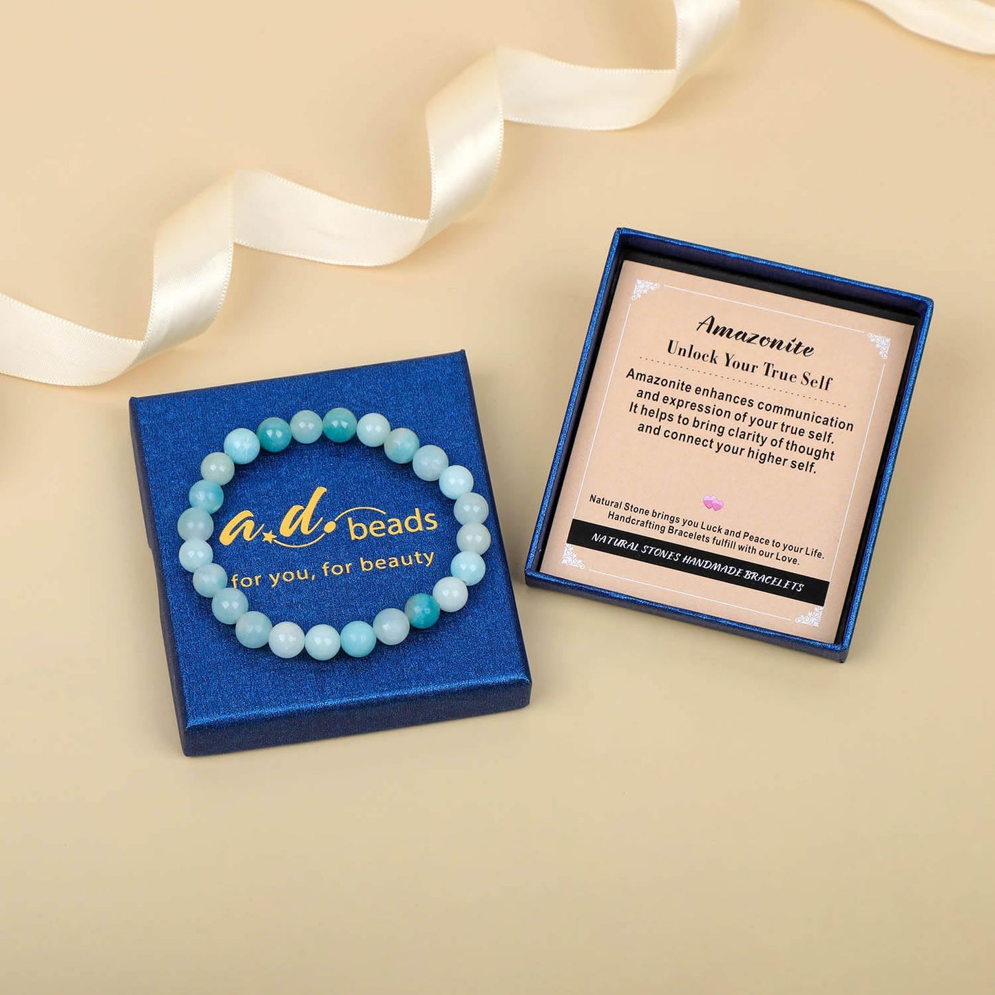 AD Beads Handmade Gemstone Stretch Elastic Bracelet Crystal Healing Reiki Nature's Beauty and Spiritual Essence Unisex (8mm, Amazonite (Unlock Your True Self))