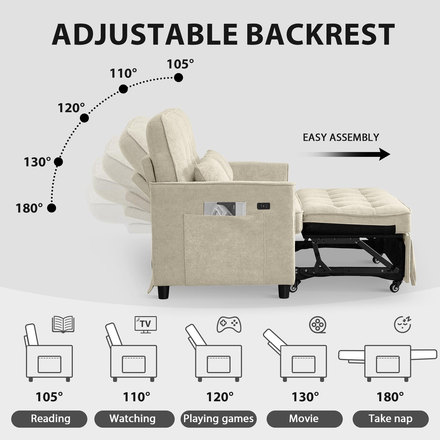 tiramisubest Convertible Sofa Bed, 3 in 1 Pull Out Couch, Loveseat Sleeper with Side Pocket, Living Room Sofa with Adjustable Backrest | USB Charging Port | Two Pillows | Fabric | Beige Couch
