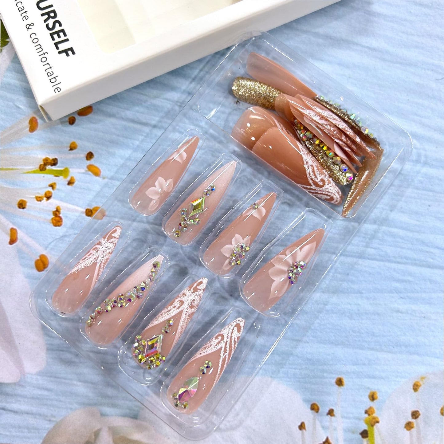 CJDLTS French Tip Press on Nails Long Length Rhinestones False Nail Flower Glitter Powder Stripes Design Full Cover Artificial Almond Stick on Nails Nude Acrylic Glue on Nail for Women Manicure 24Pcs