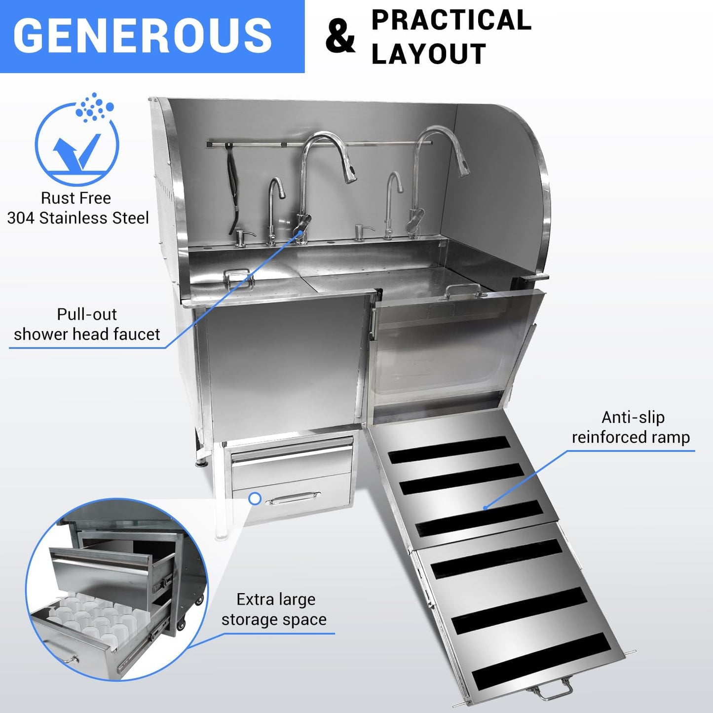 IDEALHOUSE 50" Dog Washing Station, Professional Stainless Steel Pet Dog Bathing Station with Ramp, Faucet, Storage Drawer, Floor Grate Dog Bathtub for Large, Medium, Small Pets (Right Ramp)