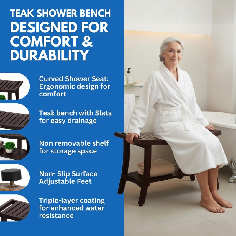 DecoTeak Harmony 30 Inch Brown Waterproof Teak Wood Shower Bench | Provides Safety, Storage, and Organization for Bathroom Accessories