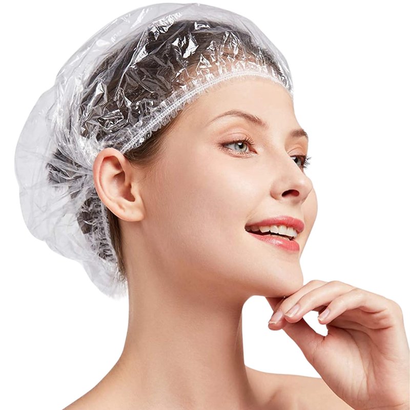 OMWAH 100 PCS Disposable Shower Caps Large Clear Waterproof Processing Conditioning Plastics Elastic Shower Cap For Kids, Girls, Travel, Spa, Hotel, and Home Use (100 PCS)