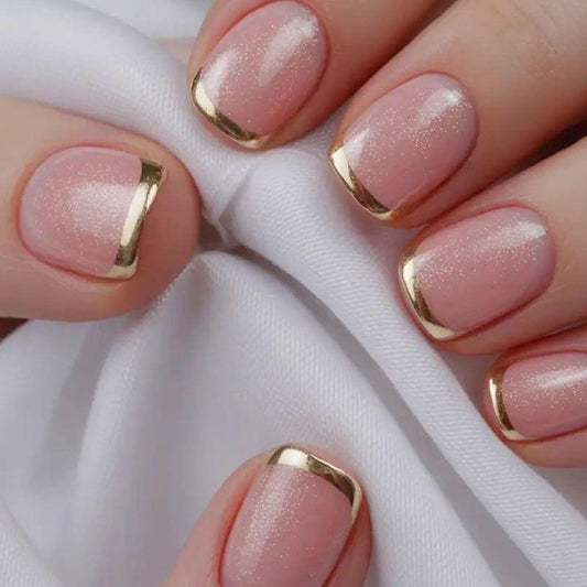 24Pcs French Tip Press on Nails Short Square Fake Nails with Glitter Full Cover Designs Nails Press ons Pink Gold Acrylic Nails Simple Stick on Nails for Women