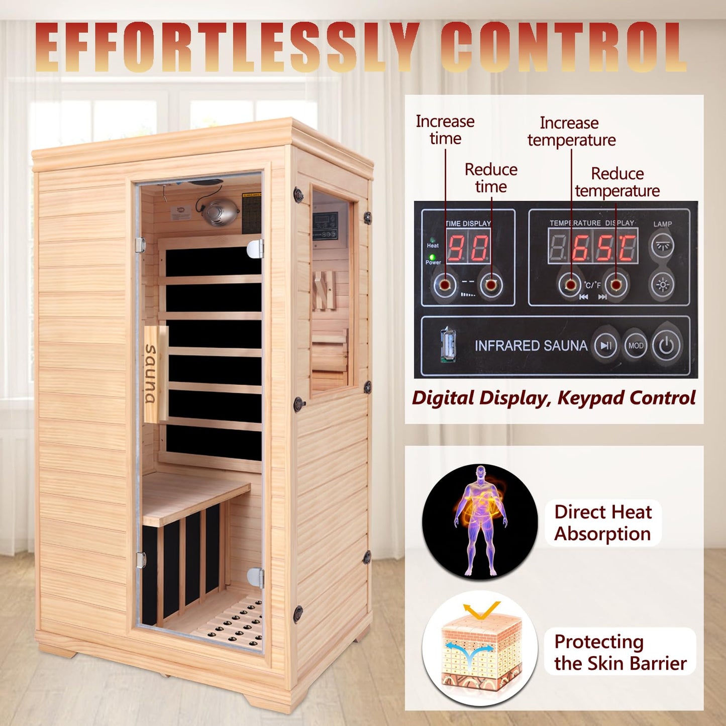 1-Person Low EMF Far Infrared Sauna for Home Use, 1050W Canadian Hemlock Wood Sauna with Bluetooth Music & Color Therapy Light, Easy Assembly for Bedroom, Gym, or Basement