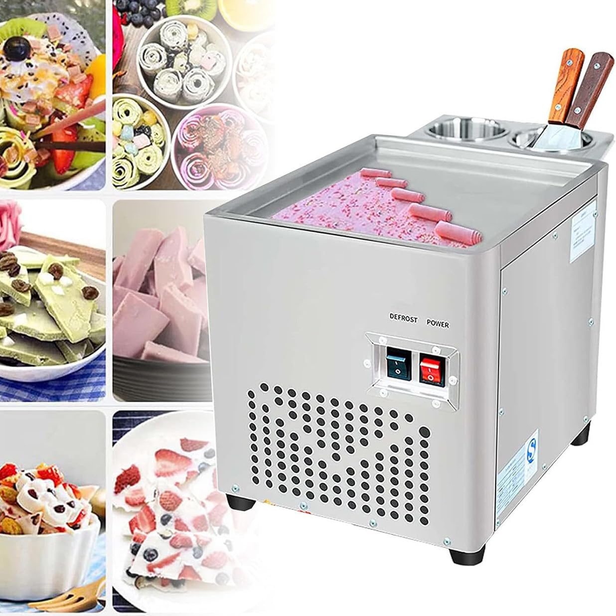 Rolled Ice Cream Machine, Stainless Steel Stir-Fried Ice Cream Roll Maker - 220W Commercial Yogurt Fry Ice Cream Machine for Dessert Shop