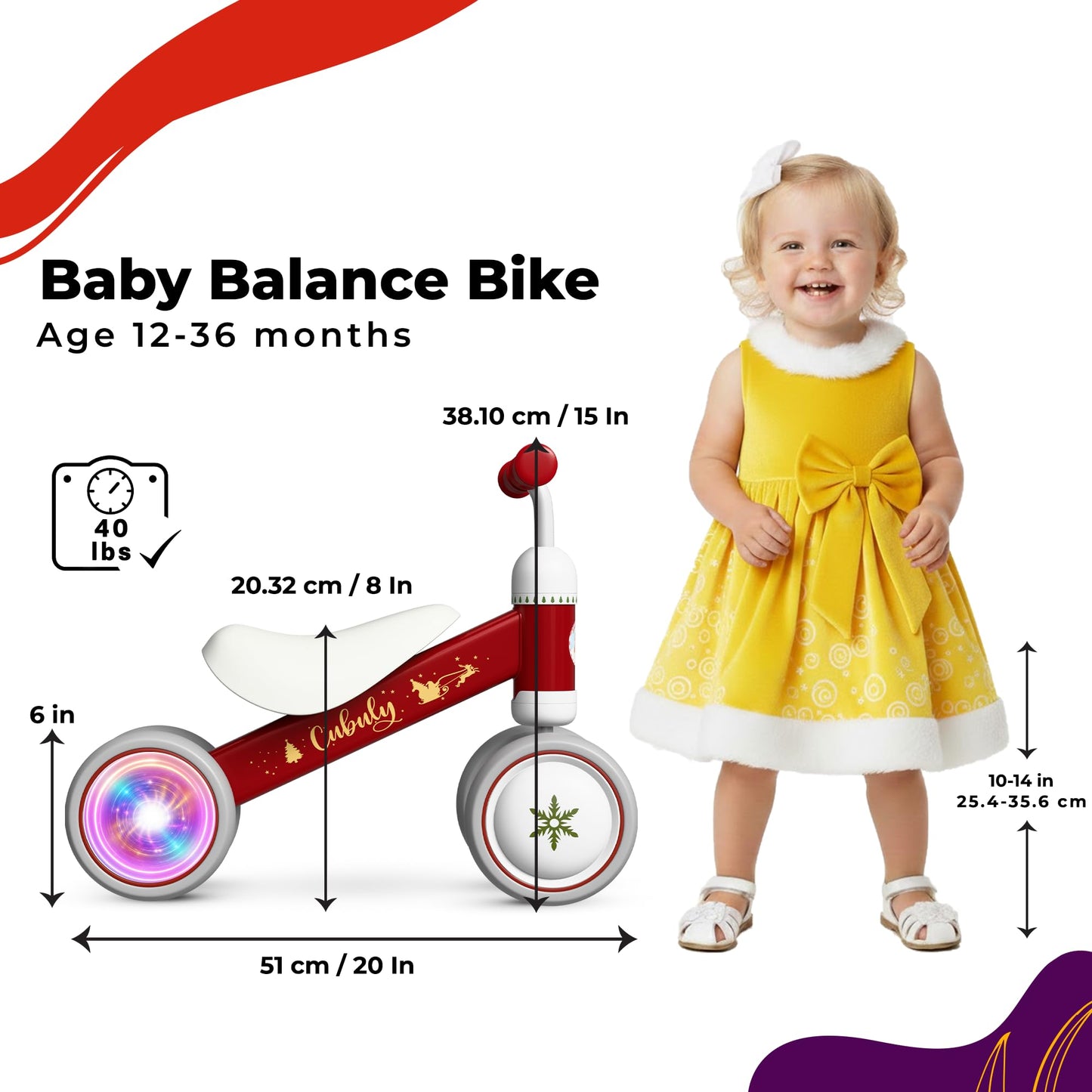 Cubuly Red Baby Balance Bike for 1-3 Year – First Birthday Boy Girl Gifts 12-36 Month Mini Bike|Colorful Lighting Wheels|Ride on Toys |Toddler Balance Bike 1-3 Indoor/Outdoor