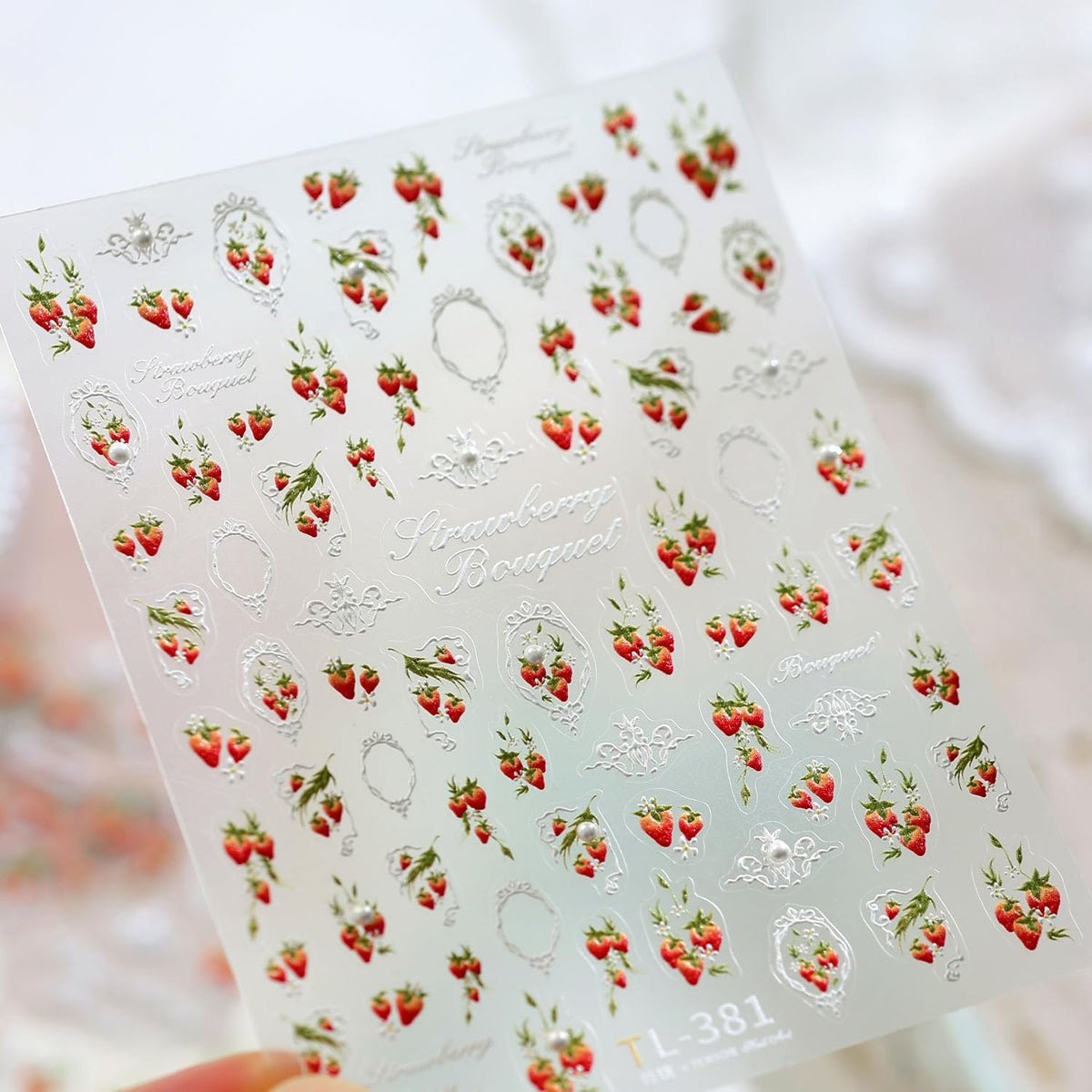 5D Embossed Nail Stickers Strawberry Nail Decals 3D Lace Frame Nail Art Stickers Cute Self-Adhesive Nail Stickers for Nail Art for Women Girls DIY Manicure, 1 Sheet
