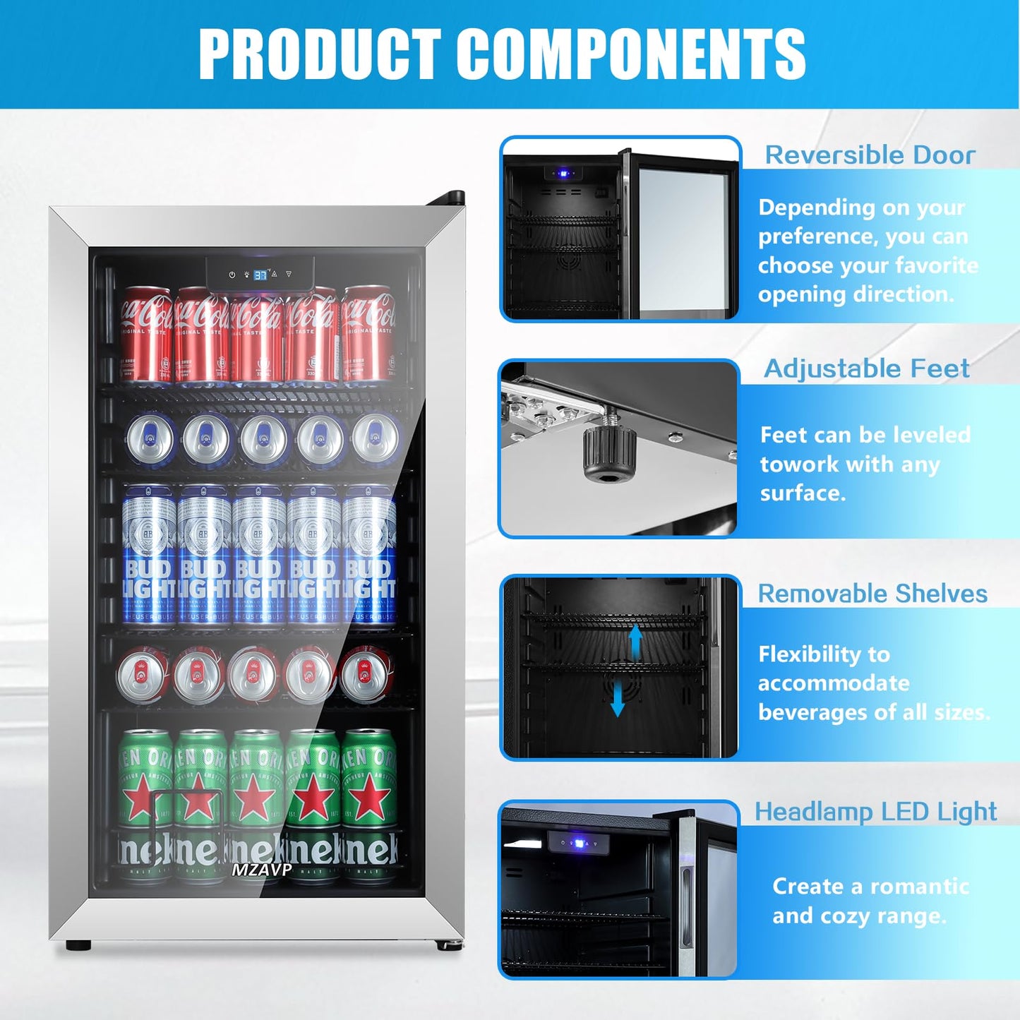 MZAVP Beverage Refrigerator Cooler, 120 Can Mini Fridge with Reversible Glass Door for Soda Beer, 3 Cu.Ft Drink Fridge with Digital Temperature Control & Adjustable Shelves - Silver