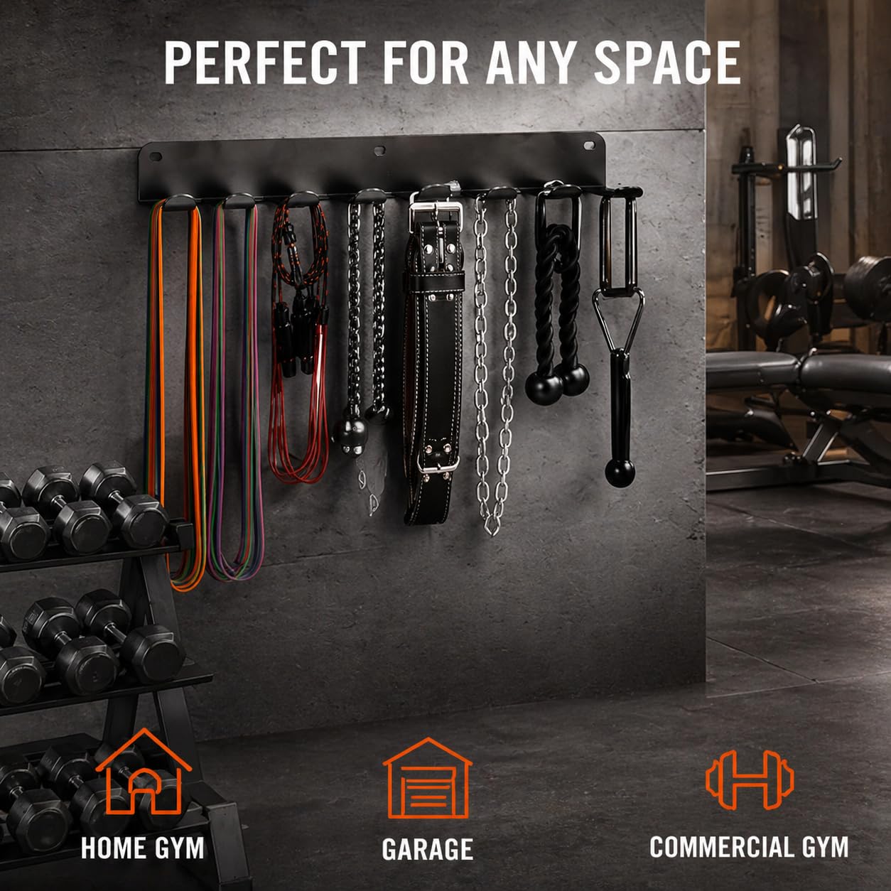 FizLig Gym Equipment Storage Rack - Multi-Purpose Home Gym Organization Storage Wall Mount for Resistance Bands, Jump Ropes, Lifting Belt, Chains, Barbells (16" / 8 Prongs)"