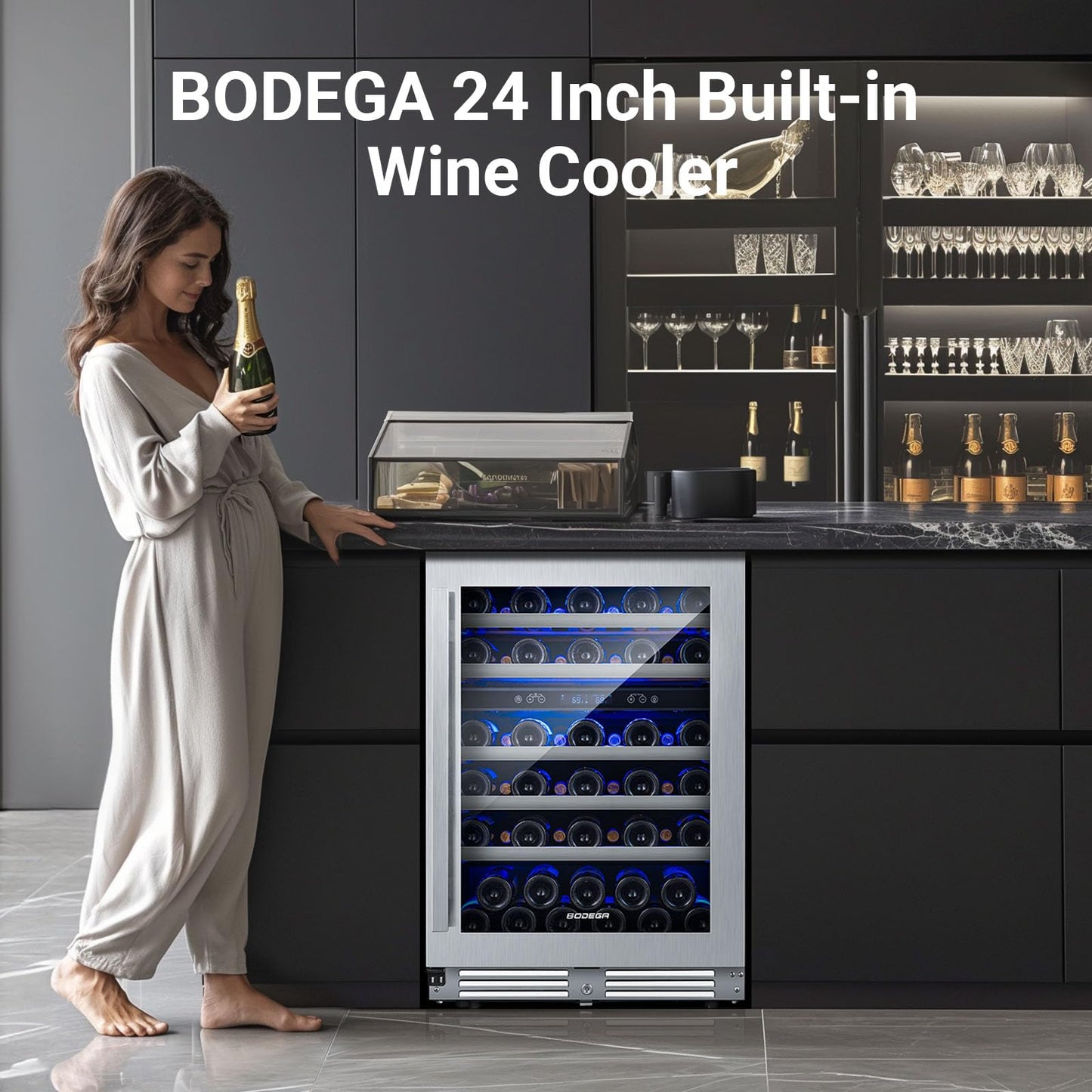 BODEGA 56 Bottles Wine Cooler, 24 Inch Dual Zone Wine Fridge with Double-Layer Glass Door, wine cooler refrigerator with Digital Temperature Control and Temperature Memory,wine cooler for home.