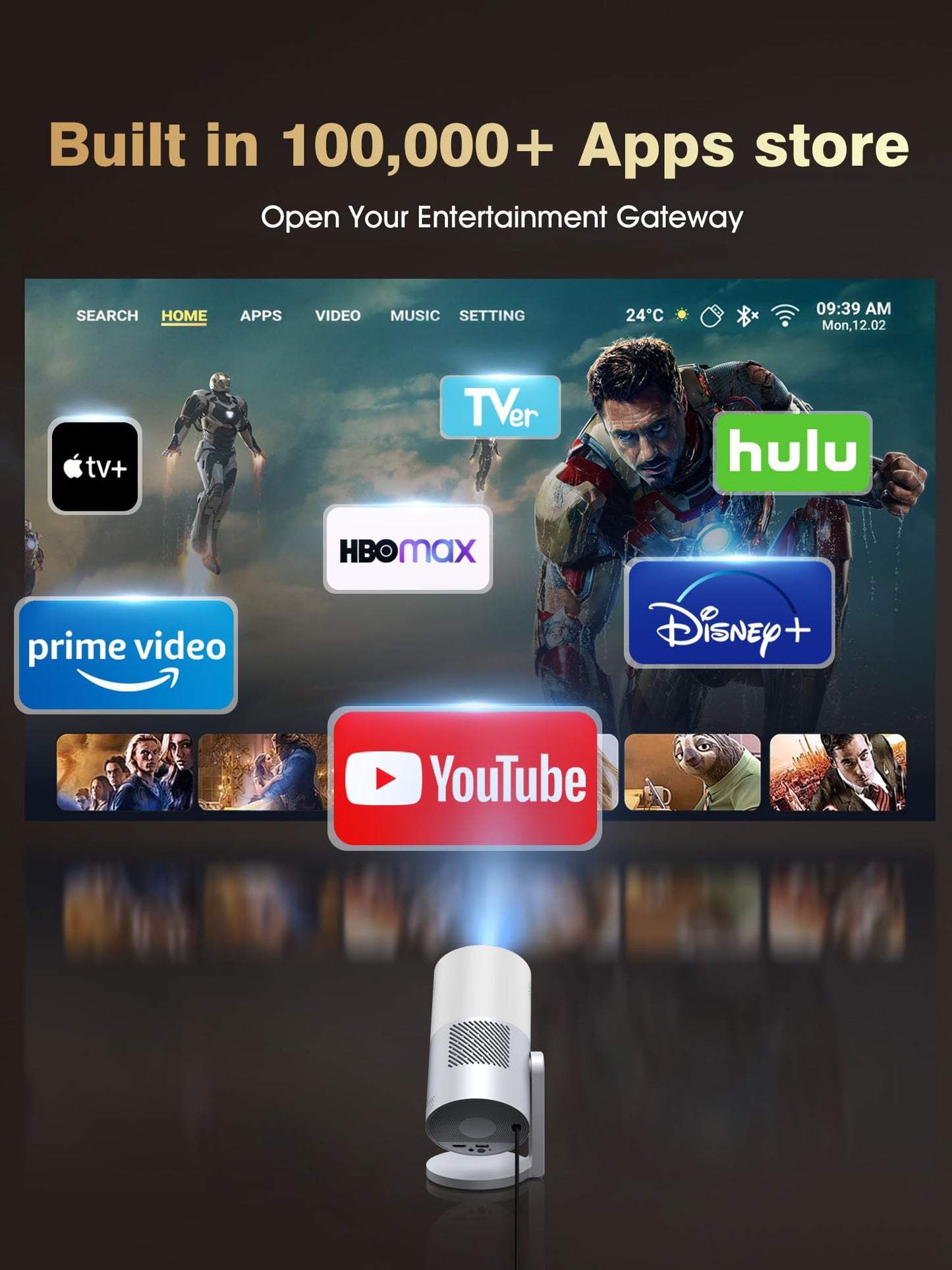 Latest Upgrade Portable Mini Projector Native 1080P 4K Support, 410 ANSI Lumens Auto Focus, WiFi 6 Bluetooth, Outdoor Movie Game Projector Android Smart System for Home Theater TV Replacement