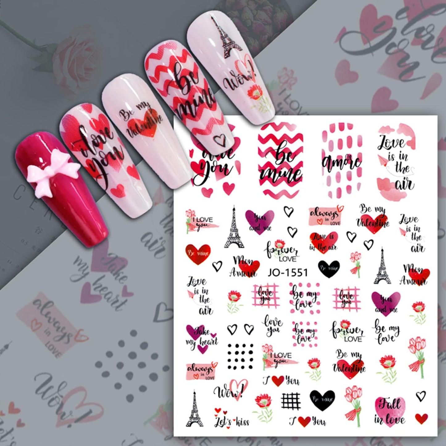 12 Sheets Valentine's Day Nail Sticker for Nails Art 3D Embossed Self-Adhesive Pink Red Love Heart Lips Valentine's Day Nail Decal Design Supplies for Women DIY Manicure Art Decoration YX1241